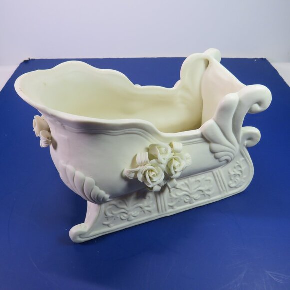 Ivory Bisque Porcelain Sleigh with Roses Neutral Holiday Winter Victorian Floral - Picture 1 of 15